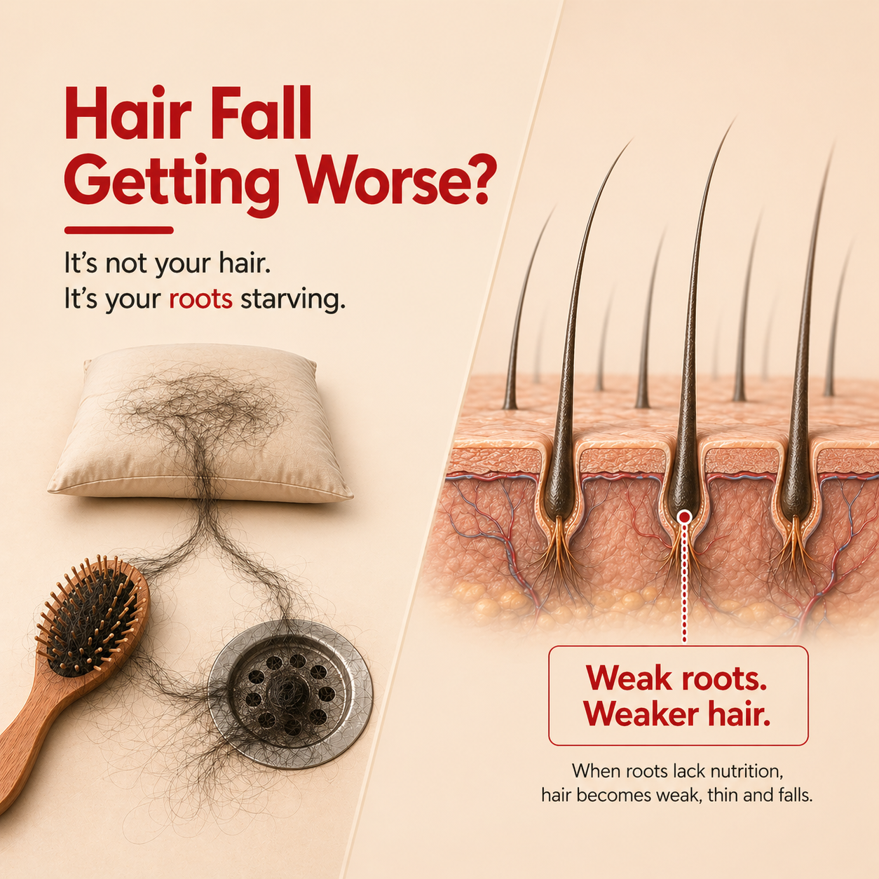 Advertisement about hair fall and weak roots with a wooden brush, hair on a pillow, and a close-up of hair follicles.